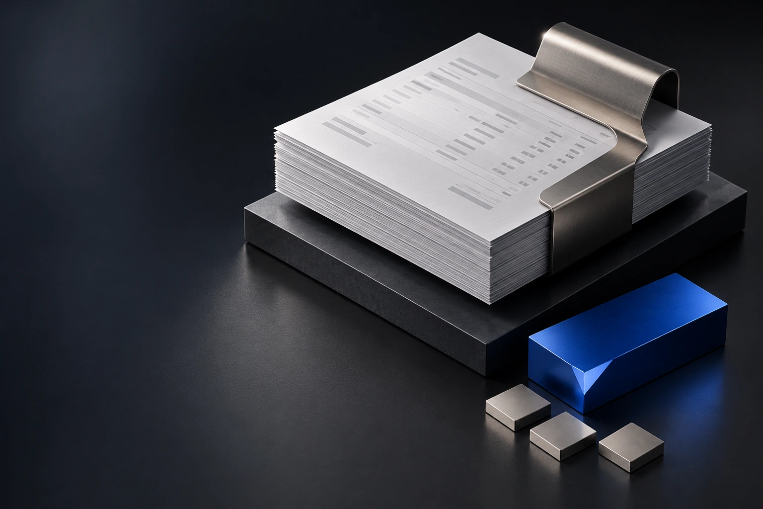 A precision payroll ledger with a titanium clip and cobalt rewards blocks